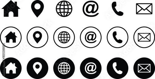 design, envelope, outlined, world, black, email, (41), white, address, home, description:, graphic, user, information, phone, icons, collection, clean, globe, styles, house