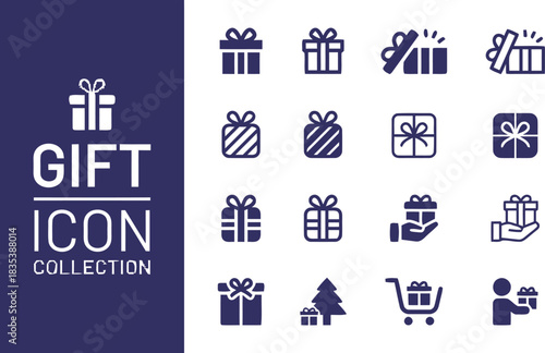 gift, box, present, icon, collection, holiday, celebration, Christmas, birthday, surprise, package, ribbon, bow, open, closed, hand, holding, shopping cart, Christmas tree, person, giving, receiving, 