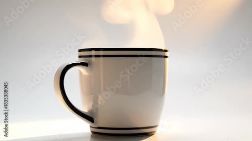 Steaming coffee cup with elegant black stripes, showcasing gradual close-up of warm beverage, highlighting steam rising, creating cozy atmosphere and inviting ambiance