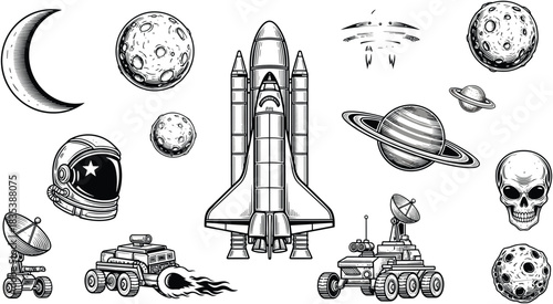 Space Exploration Vector Set: Rocket Shuttle, Astronaut Helmet, Planets, Moon, Mars Rovers, UFO, Satellite Dish, Skull, Celestial Bodies, Galaxy Illustration, Blue Vintage Style.