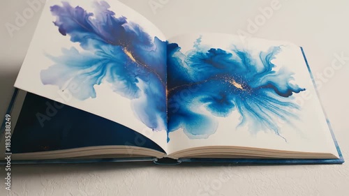 Open art book showcasing vibrant blue watercolor illustrations, with pages turning and revealing intricate designs, capturing the beauty of artistic expression and creativity