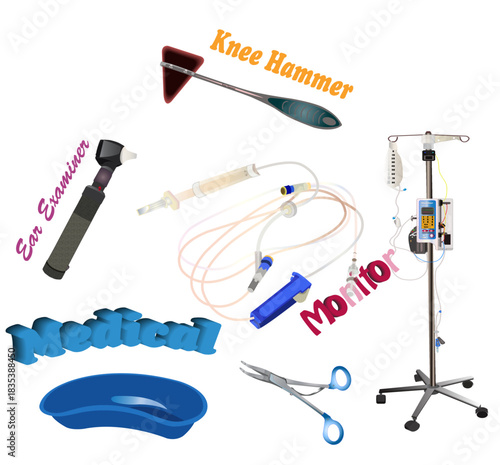 Medical instruments, measuring device, hammer, wash container, and syringe.ai