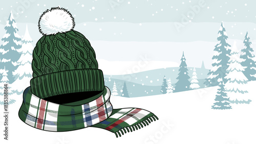 Knitted green winter hat and plaid scarf in snowy landscape  