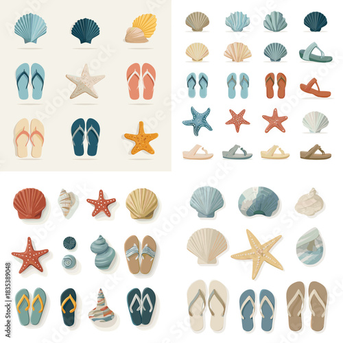 Beach themed icon set featuring seashells, starfish, and flip flops in soft coastal colors. Ideal for summer graphics, vacation designs, seaside decor, travel themes, and relaxed illustrations.
