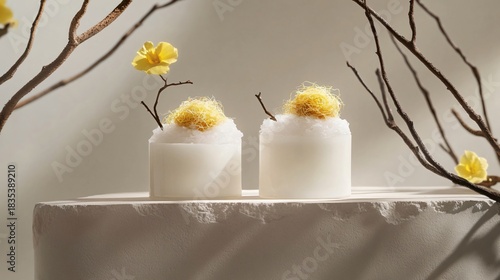 Fototapeta Naklejka Na Ścianę i Meble -  Elegant White Podiums Displaying Bird's Nest Soup