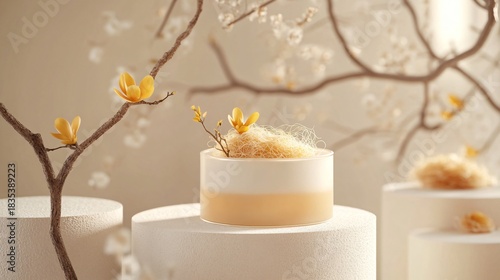 Fototapeta Naklejka Na Ścianę i Meble -  Elegant white podiums showcasing bird's nest soup