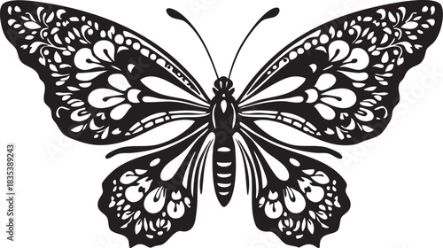 Decorative Butterfly Silhouette Vector Illustration: Intricate Detailed Nature Insect Monochromatic Graphic Design Element