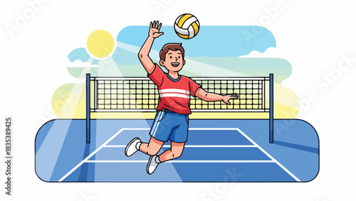 A young person jumping to spike a volleyball over the net on a sunny day.