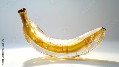 Transparent Glass Banana Sculpture with Yellow Fruit Filling, White Background, Artistic Still Life