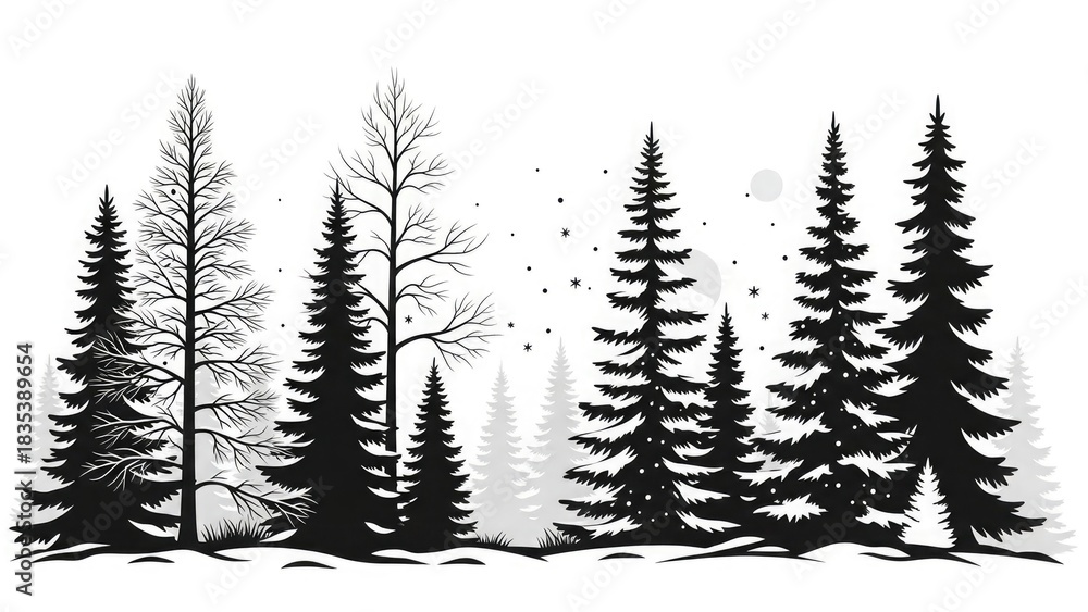 Obraz premium Black and white illustration of a winter forest with various evergreen and bare deciduous trees and falling snow.