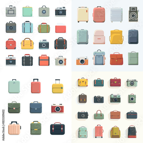 Stylish travel icon set featuring vintage cameras, luggage, backpacks, and bags in modern colors. Ideal for vacation themes, adventure graphics, tourism branding, and trip planning illustrations.