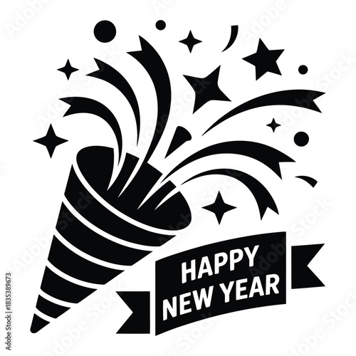 New-Year Party Popper with Celebration-Streamers, Festive-Burst, Holiday-Explosion, Star-Details, Confetti-Blast, New-Year-Design, and Party-Element.