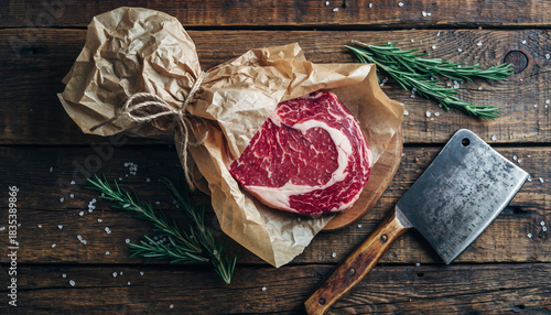 Raw Ribeye steak on butcher paper with a meat cleaver and rosemary on a dark rustic wooden table.
