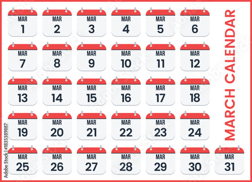 Vector illustration of march calendar grid showing all thirty one day date planner