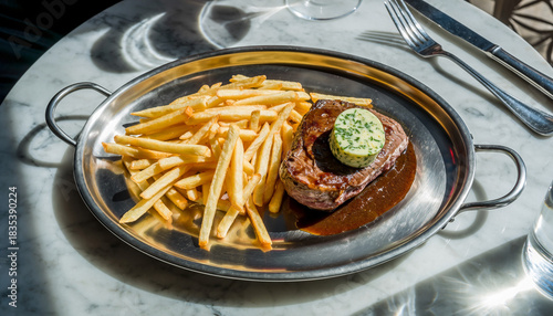Seared steak topped with herb butter and French fries on a silver platter.