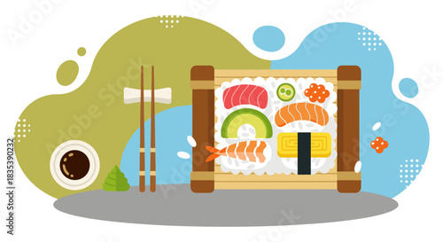 A vibrant illustration of a sushi platter with various fresh ingredients, chopsticks, and soy sauce, perfect for culinary and food-related designs.
