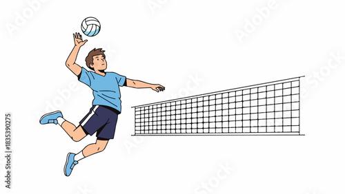 A young man in sportswear jumps to spike a volleyball over a net, illustrated against a white background.