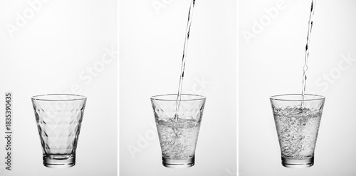 A refreshing stream of clear water pours into the clear glass, conveying the essence of purity and hydration. Photo set.
