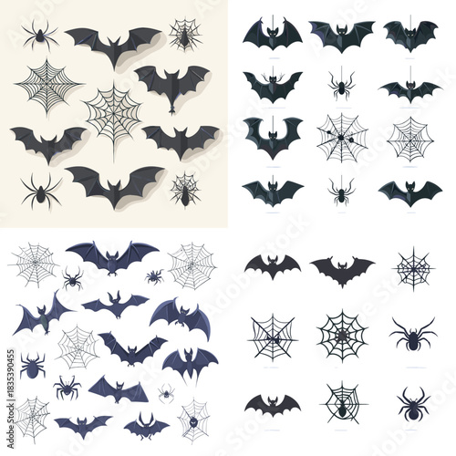 Halloween icon set featuring bats, spiders, and spider webs with spooky shapes and dark tones. Perfect for October themes, scary graphics, party decor, seasonal illustrations, and eerie designs.