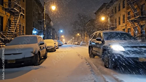 Snowy City Street at Night with Cars and Buildings.