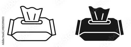 Wet wipes icon set in outline and silhouette style representing hygiene cleaning baby care and sanitary products vector illustration