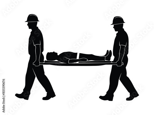 Emergency Rescue First Aid Silhouette - Two Workers Carrying Injured Person on Stretcher
