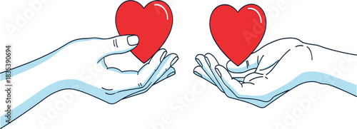 Minimalist Line Art Vector of Two Hands Gently Holding Vibrant Red Hearts, Symbolizing Concepts of Love, Donation, Giving, and Sharing Compassion and Kindness.