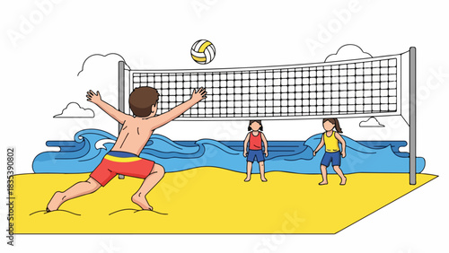 A person jumping to spike a volleyball on a sunny beach with friends.
