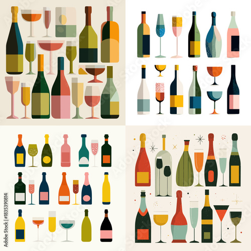 Stylish wine and cocktail bottle icon set with elegant glasses and modern geometric shapes. Ideal for bar menus, celebration graphics, beverage branding, and classy decorative illustrations.