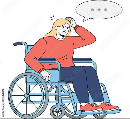Vector illustration of an upset or confused woman sitting in a manual wheelchair, symbolizing disability challenges, accessibility issues, health problems, and physical limitations.