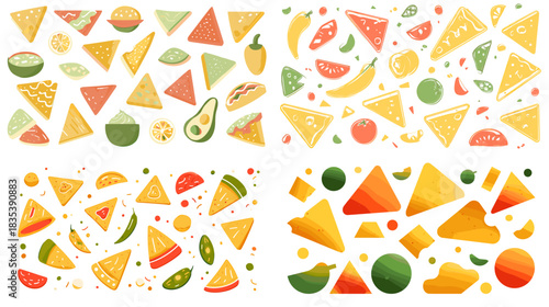 Colorful nachos and Mexican food pattern featuring tortilla chips, salsa, avocado, peppers, and playful shapes. Perfect for festive designs, snack themes, menus, and bright decorative projects.