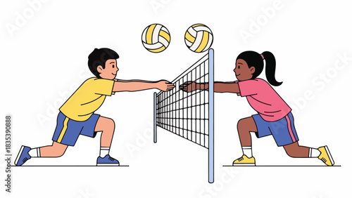 Two children, a boy and a girl, playing volleyball. They are reaching over the net to hit the ball.