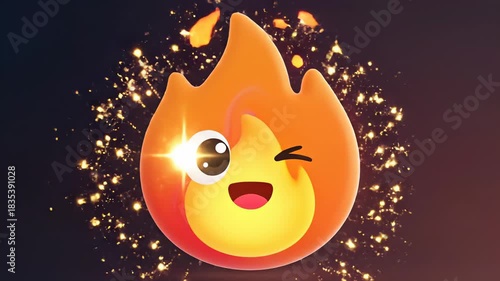 Animated flame character with expressive eyes and cheerful demeanor, surrounded by sparkling effects, showcasing joyful movement and vibrant colors, engaging visual storytelling