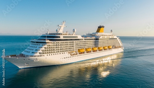 Large cruise ship sailing on the ocean under a clear blue sky.
