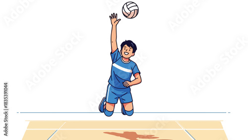 A young man in blue sportswear jumps to hit a volleyball on a court, with a shadow visible below.