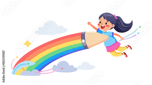 A cheerful cartoon girl soaring across the sky on a giant multicolored crayon, leaving a rainbow trail.