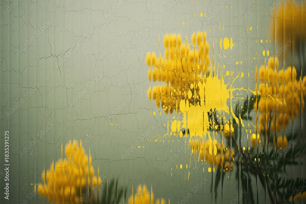 Fototapeta premium Abstract. Floral. Grunge. A creative, edgy image of yellow mimosa flowers with a paint splatter, viewed through ribbed glass for a modern, artistic, and grunge-inspired floral concept.