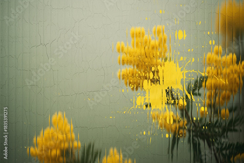 Abstract. Floral. Grunge. A creative, edgy image of yellow mimosa flowers with a paint splatter, viewed through ribbed glass for a modern, artistic, and grunge-inspired floral concept.