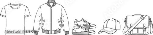 Tshirt jacket sneakers cap bag apparel clothing fashion style casual wear