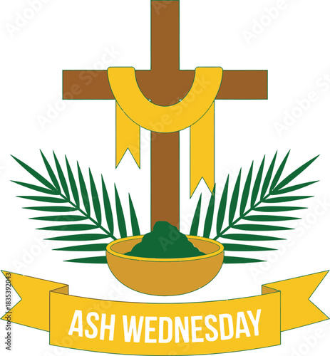 Brown cross with yellow ribbon and green ash in bowl ash wednesday religion