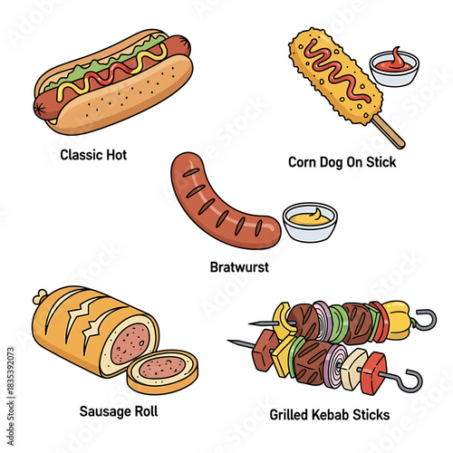 Sausage and Snack Vector Set – Hot Dog, Corn Dog, Bratwurst, Sausage Roll and Classic Condiment Doodles

