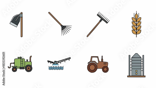 Agricultural icons representing farming tools and equipment in a digital illustration