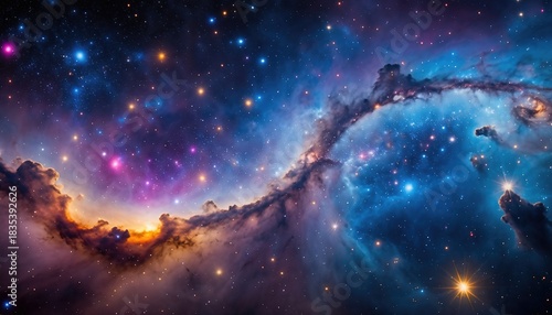 Vibrant Cosmic Nebula with Distant Stars and Galaxies.