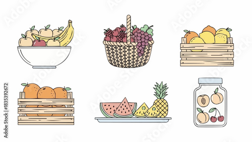 Assorted fruits displayed in various containers and crates on a clean white background from a straightforward viewpoint