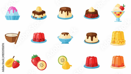 Assorted desserts and fruits illustrations displayed on a clean white background