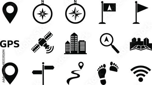 Essential navigation and location icon set for mapping and travel. Vector