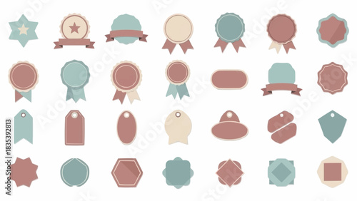 Flat design collection of vintage and retro style badges, ribbons, labels, and tags in a varied assortment of shapes and colors, ideal for graphic design projects and decorative elements