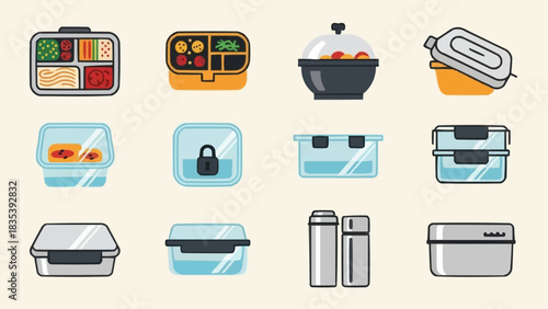Collection of Lunch Boxes Food Storage Vector Icons