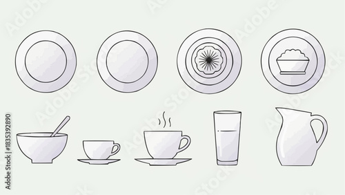 A collection of tableware and dishes illustrated in a minimalist style, showcasing various kitchen essentials from different viewpoints.