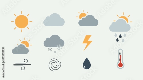 Vector icons in flat design for weather sun, clouds, rain, snow, wind, lightning, and temperature. Perfect for digital forecasts, applications, and climate reports